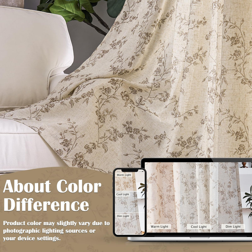 " Farmhouse Polyester blended Curtains Taupe Floral Curtains 96 Inch Length Back Tab Drapes Bedroom Light Filtering
