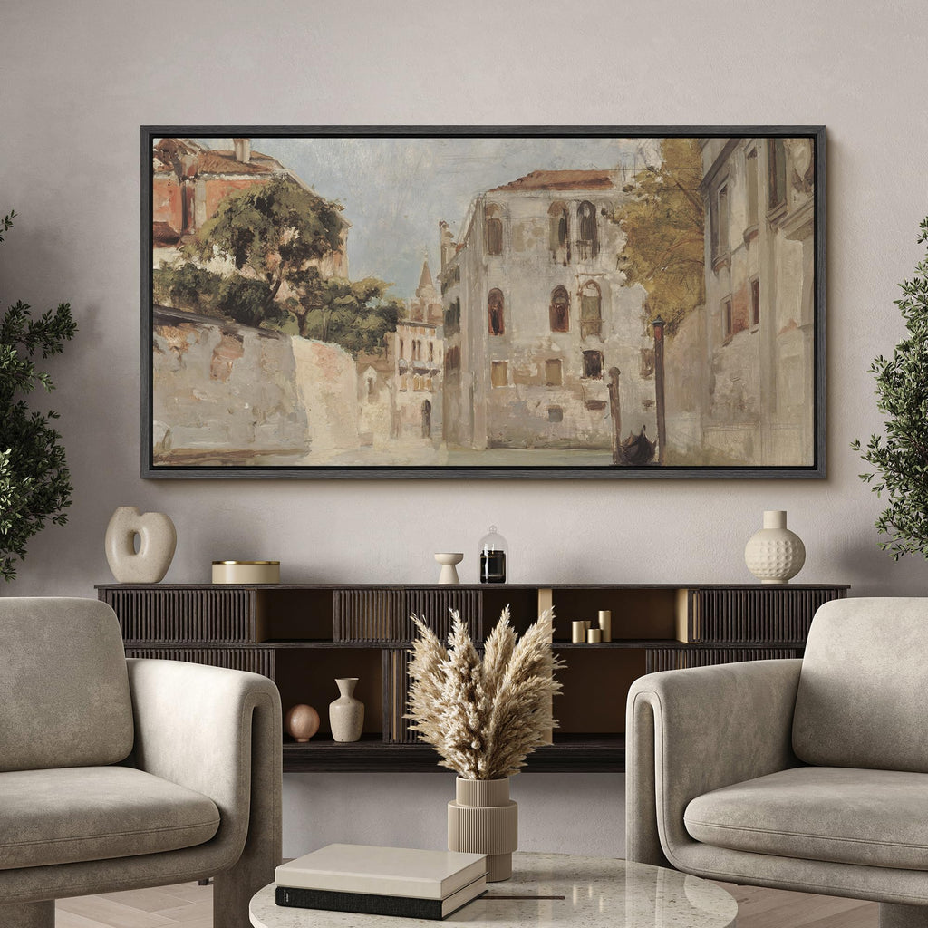 Extra Large Framed Canvas Print Wall European Street Scene Vintage Architecture Antique Retro Ready to Hang Painting