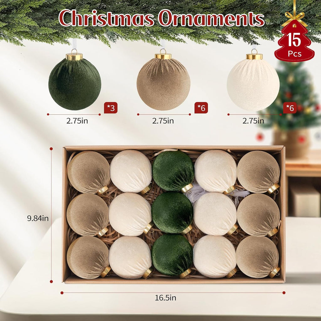 Velvet Ball Christmas Tree Ornaments Set, 15 Pack, Green/Brown, 3.15 in