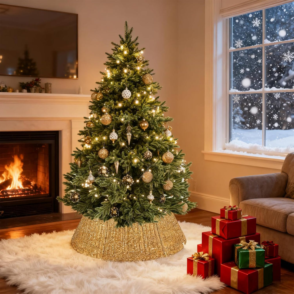 33 Inch Christmas Tree Collar, Gold Woven Xmas Tree Skirt for Artificial Trees, Tree Base Cover with Cord Cut-Out