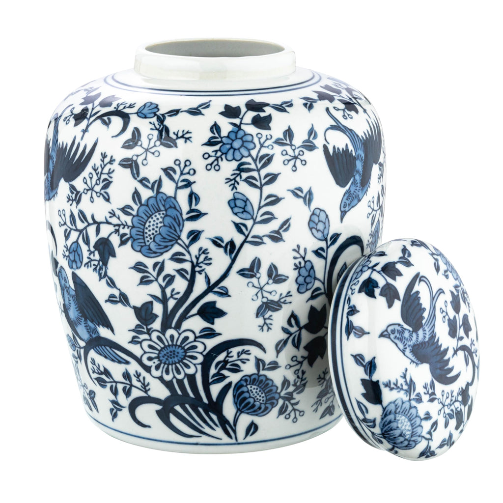 Decorative Bird Ceramic Ginger Jar with Lid, Blue and White