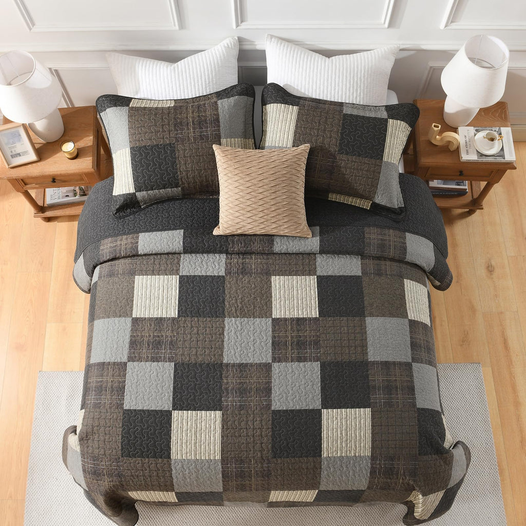 100% Cotton Quilt Set - Farmhouse Plaid Quilted Comforter, Reversible Quilt Bedspread, Patchwork