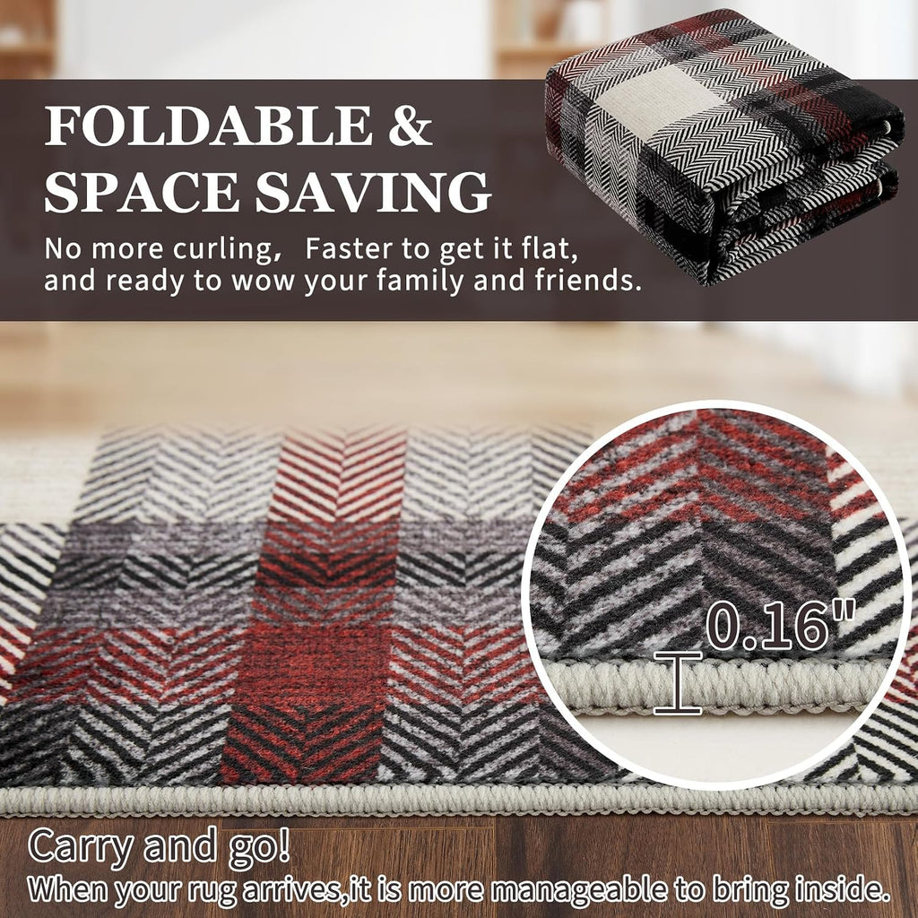 Washable Area Rug Modern Bedroom Rustic Large Plaid Area Rug Checkered Non Slip Throw Rugs Stain Resistant