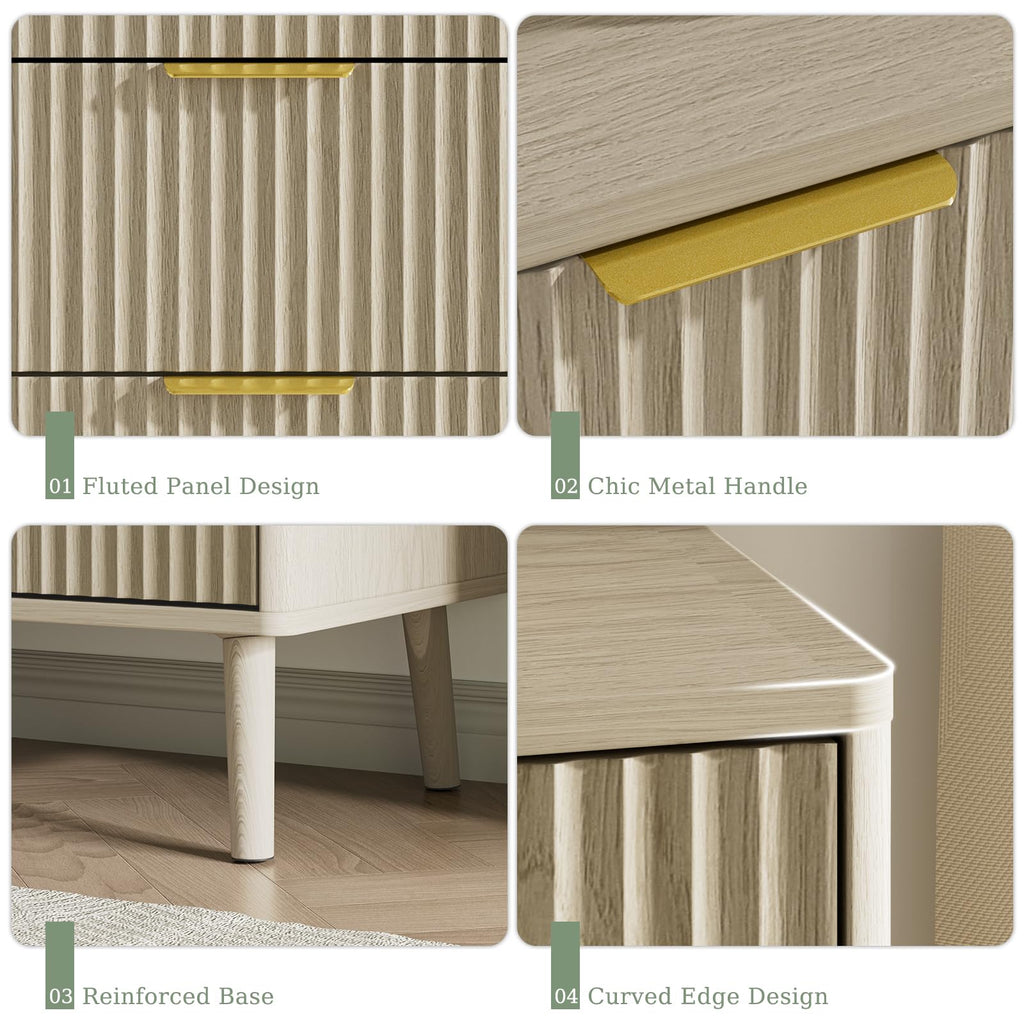 Beige Dresser with 6 Drawer, 55" Wide Chest of Drawers with Fluted Panel, Curved Profile Design, Metal Handles, Wood