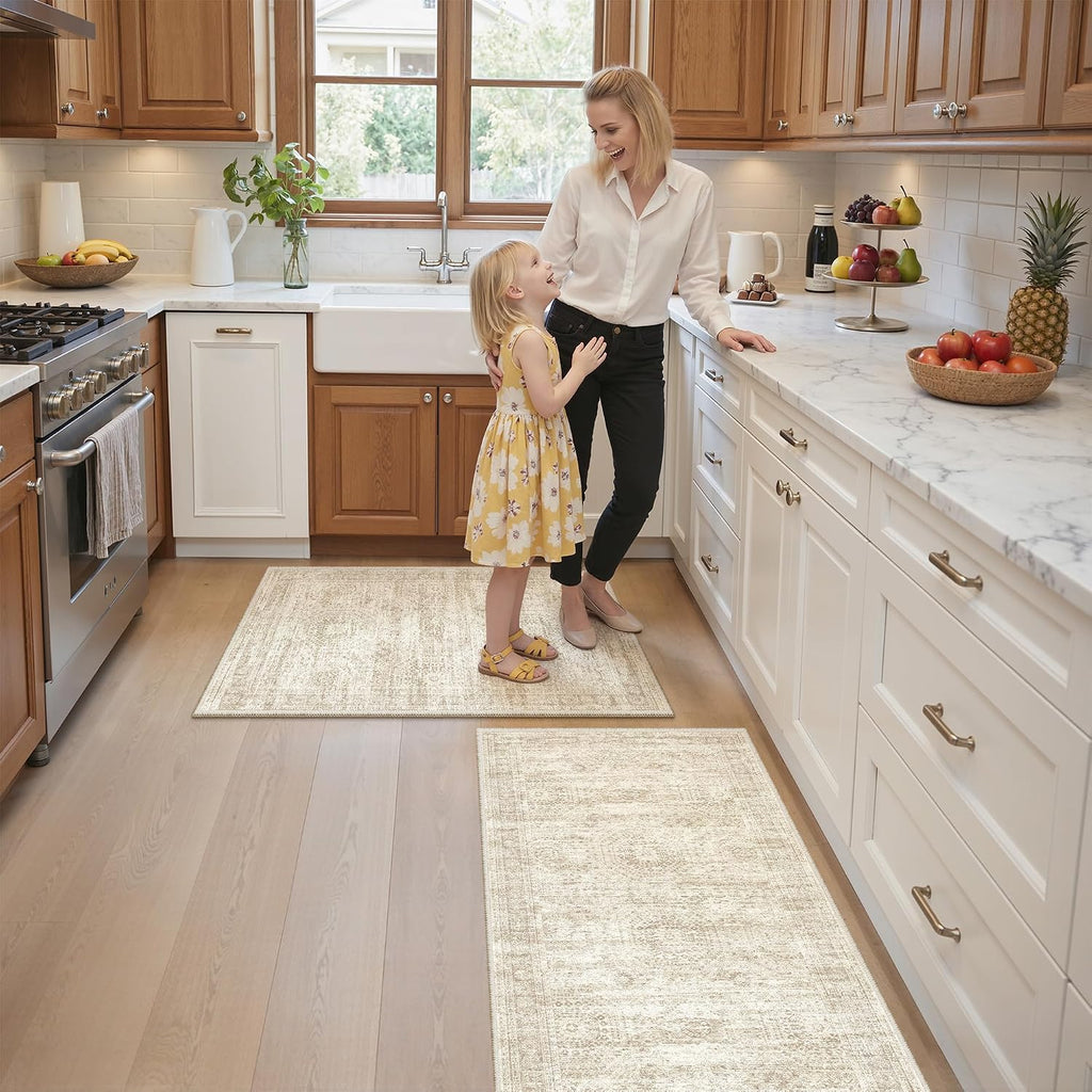 Kitchen Rugs Sets of 2, 2x3 2x4 Rug Runner,Beige | 2 Piece Washable Rug ,Thin,Soft Runner Rug,Stain Resistant Indoor