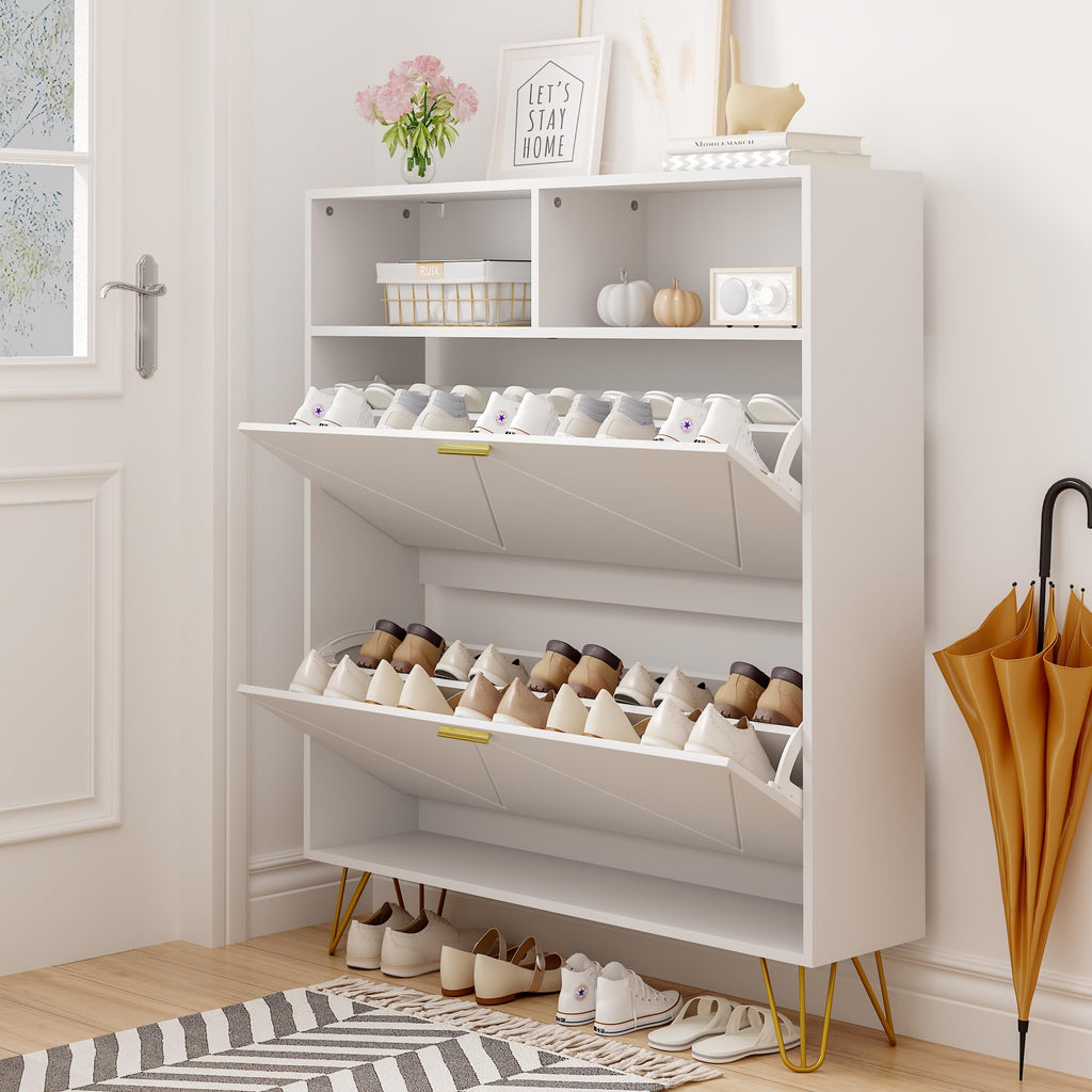 46'' Tall Shoe Cabinet with 2 Flip Drawers and Open Shelves, White丨Freestanding Shoe Organizer, Narrow Shoe Storage