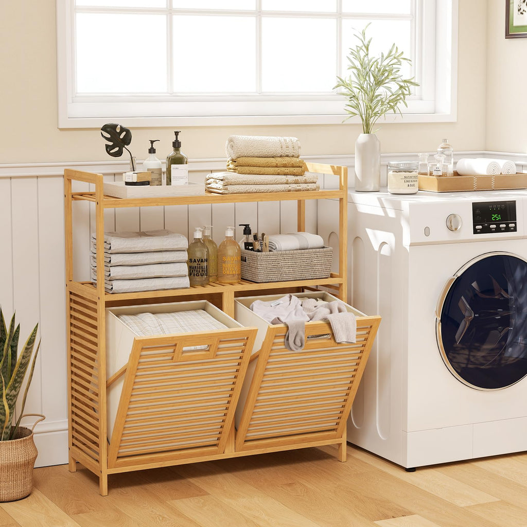 Double Tilt Out Laundry Hamper w/2-Tier Storage Shelf