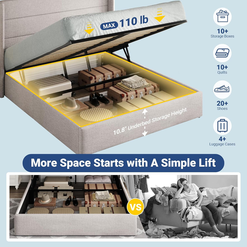 Full Lift Up Storage Bed, Modern Wingback Headboard, Hydraulic Support, No Box Spring Needed, Light Beige