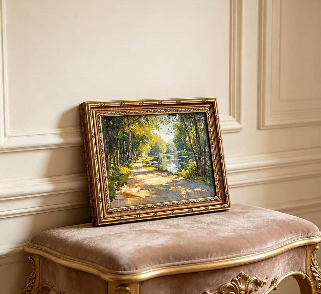 Vintage Gold Framed Canvas Wall Art Sunshine Forest Impressionist Landscape Painting Picture Wall Decor Spring Summer