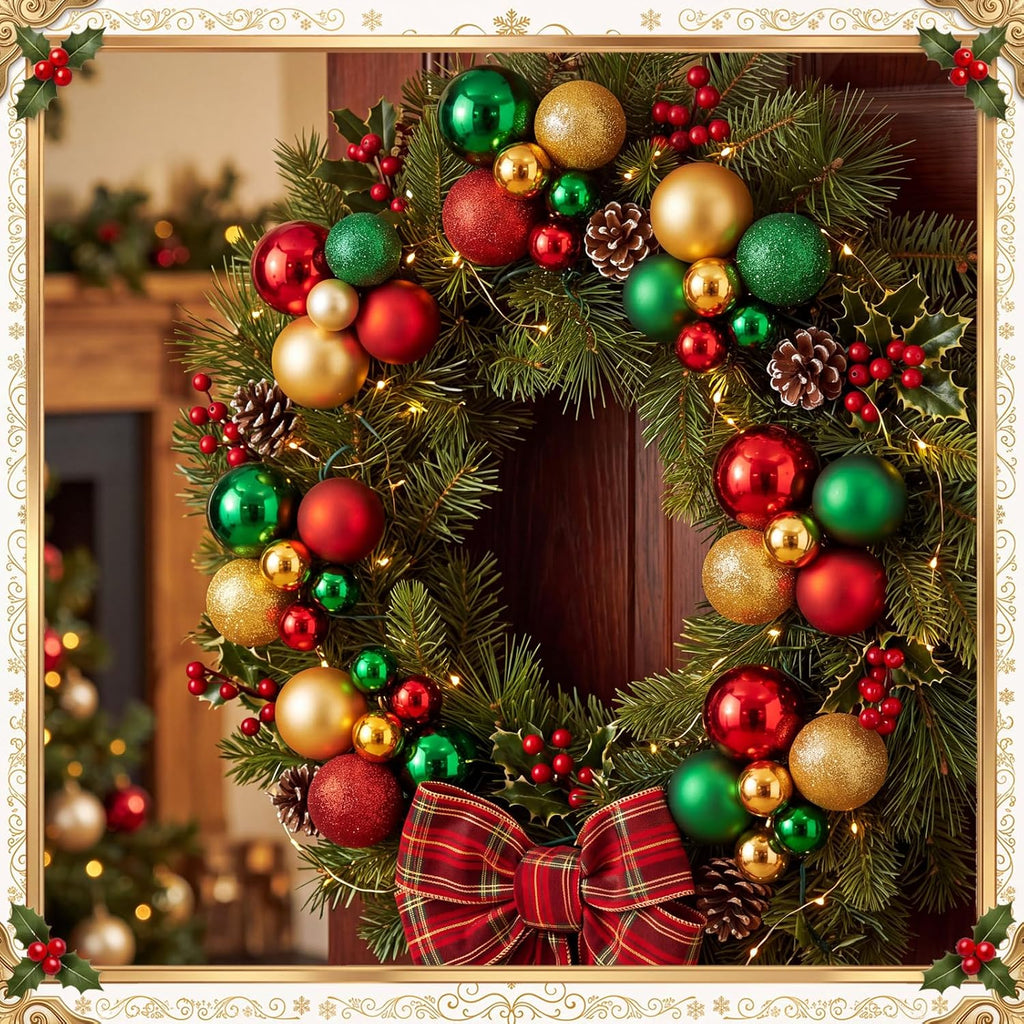 100 Pcs Red Green Gold Christmas Balls Cluster Ornament Decor & Ties