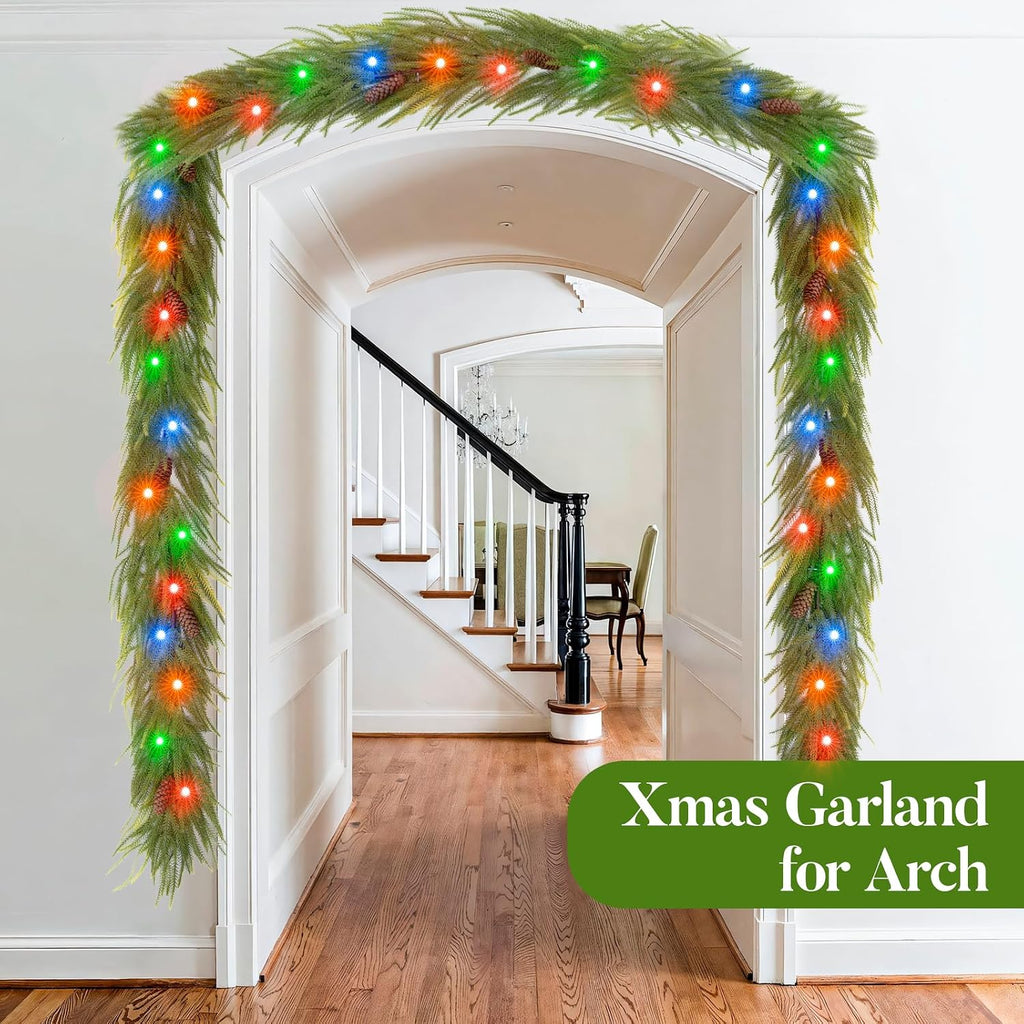 9FT Norfolk Pine Garland with Lights, Lighted Christmas Garland with Timer & 8 Lights Modes- Prelit Battery Operated