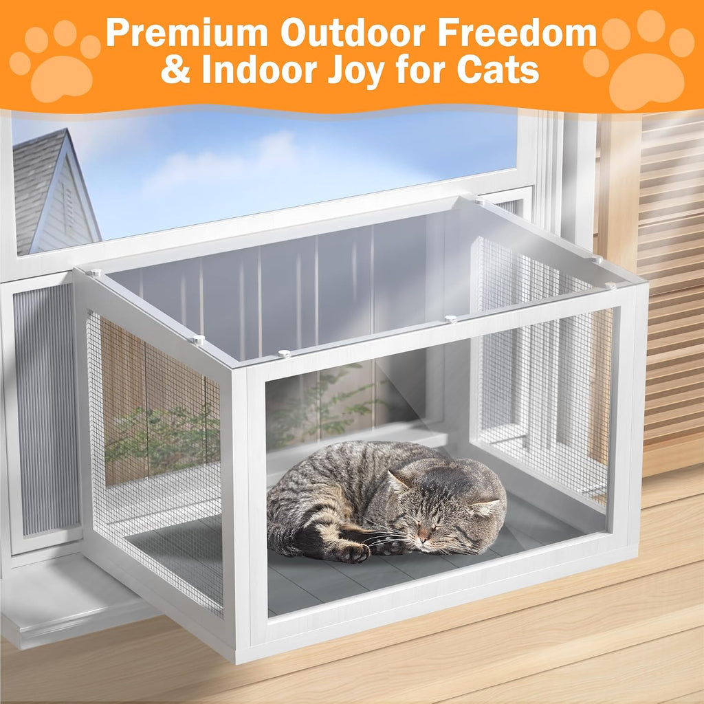 Cat Window Box Catio, Outdoor Indoor Cat Enclosure with Clear Panels, Mesh Sides & PVC Curtain, Universal Window