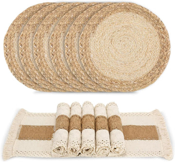 Handmade Boho Placemats Set of 6 - Natural Cotton Burlap and Water Straw Woven Combination Table Mats, Macrame Décor