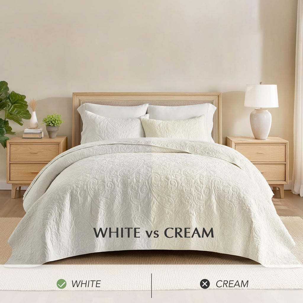 100% Cotton Paisley Quilt Set, Bright White
