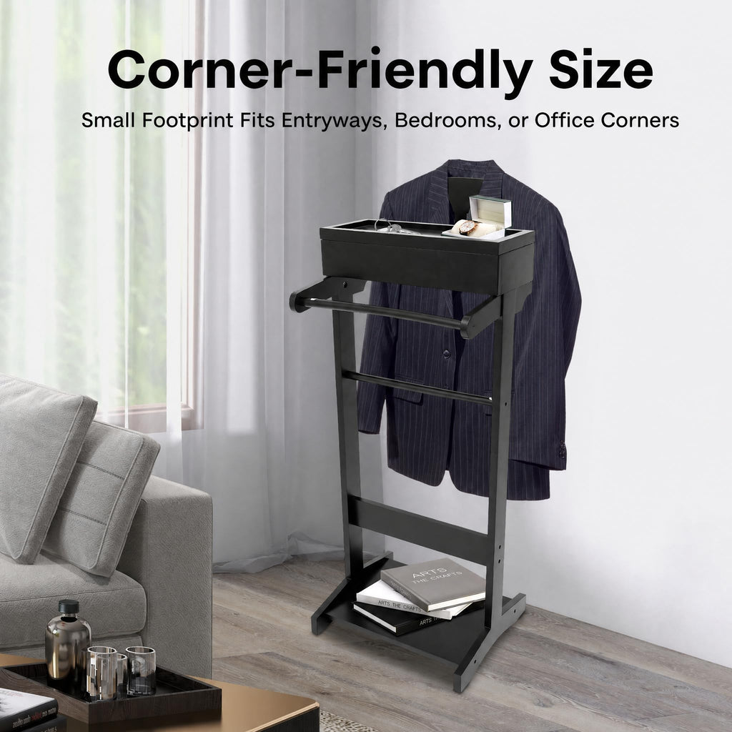 Wooden Suit Valet Stand, Freestanding with Drawer & Storage Tray, Black