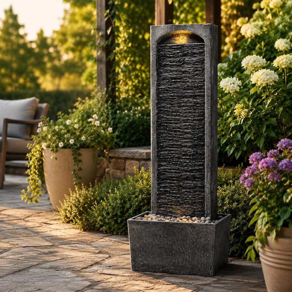 38.5" Faux Slate Contemporary Outdoor LED Waterfall Fountain with Pebble Base, Gray/Black