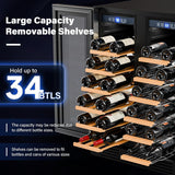 Dual Zone Wine and Beverage Refrigerator, 34 Bottle Wine Fridge with 2 Glass Doo