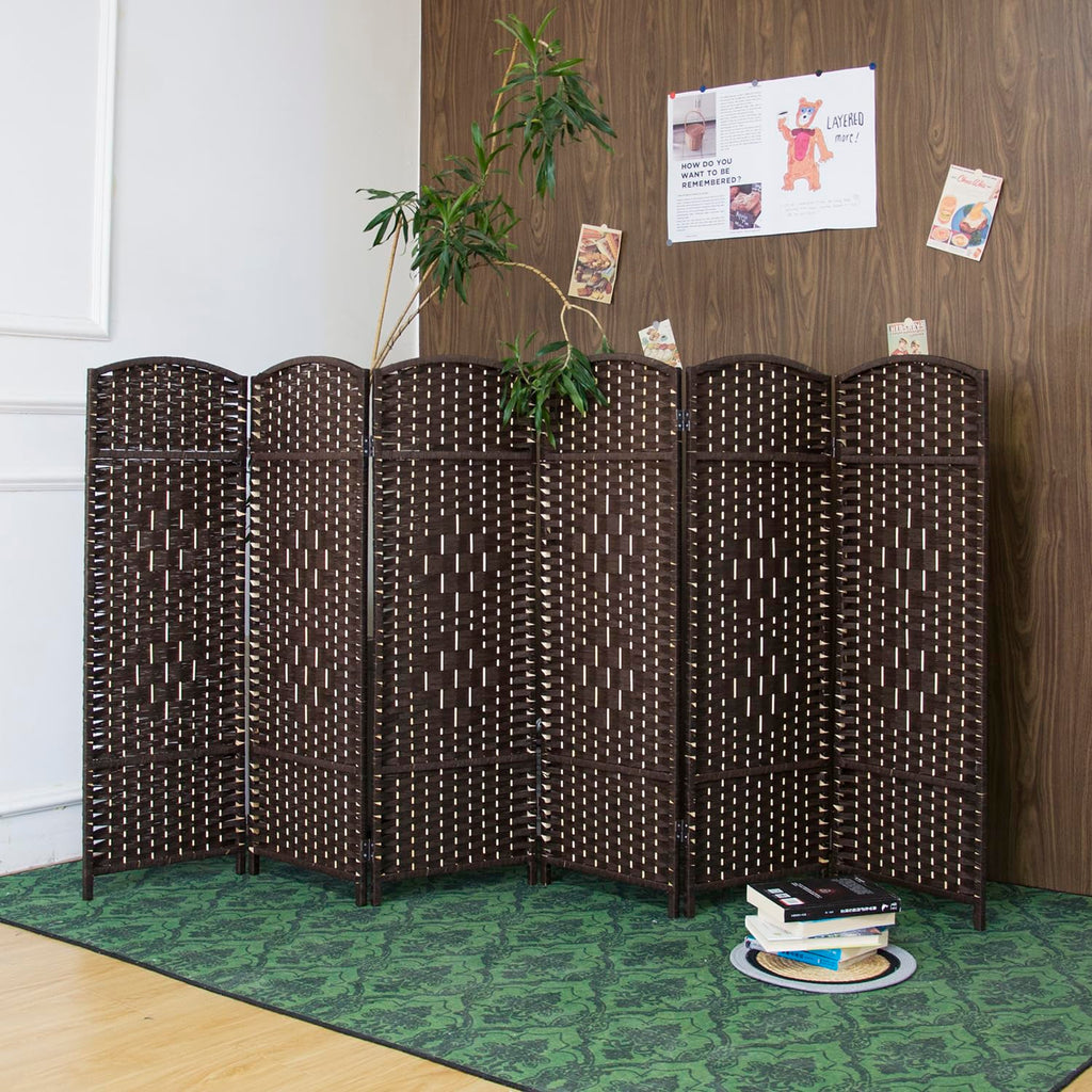 6 Panel Dark Brown Rattan Room Divider, 47.2" Low Height Double-Sided Folding Privacy Screen, Freestanding Partition