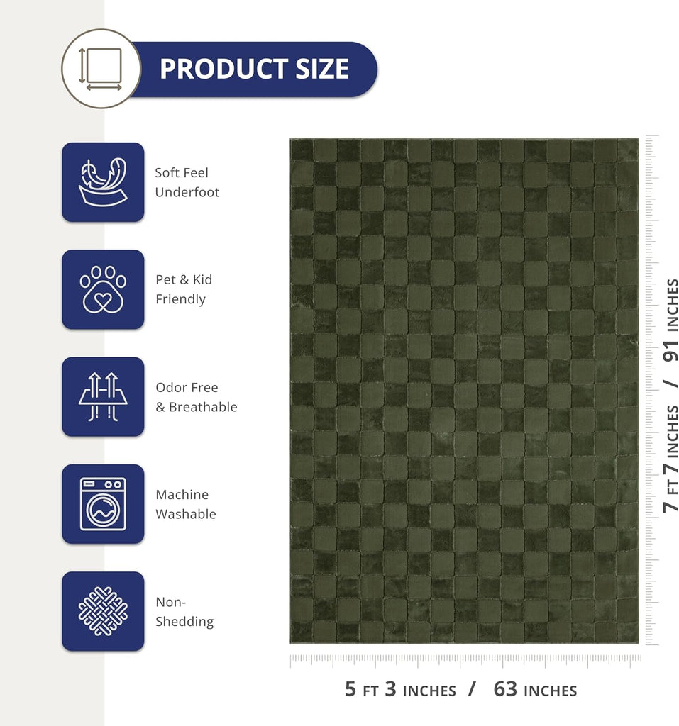 Green Checkered Area Rug - - Chunky, Plush and Soft Washable Carpet - Perfect - Plush Deco Collection
