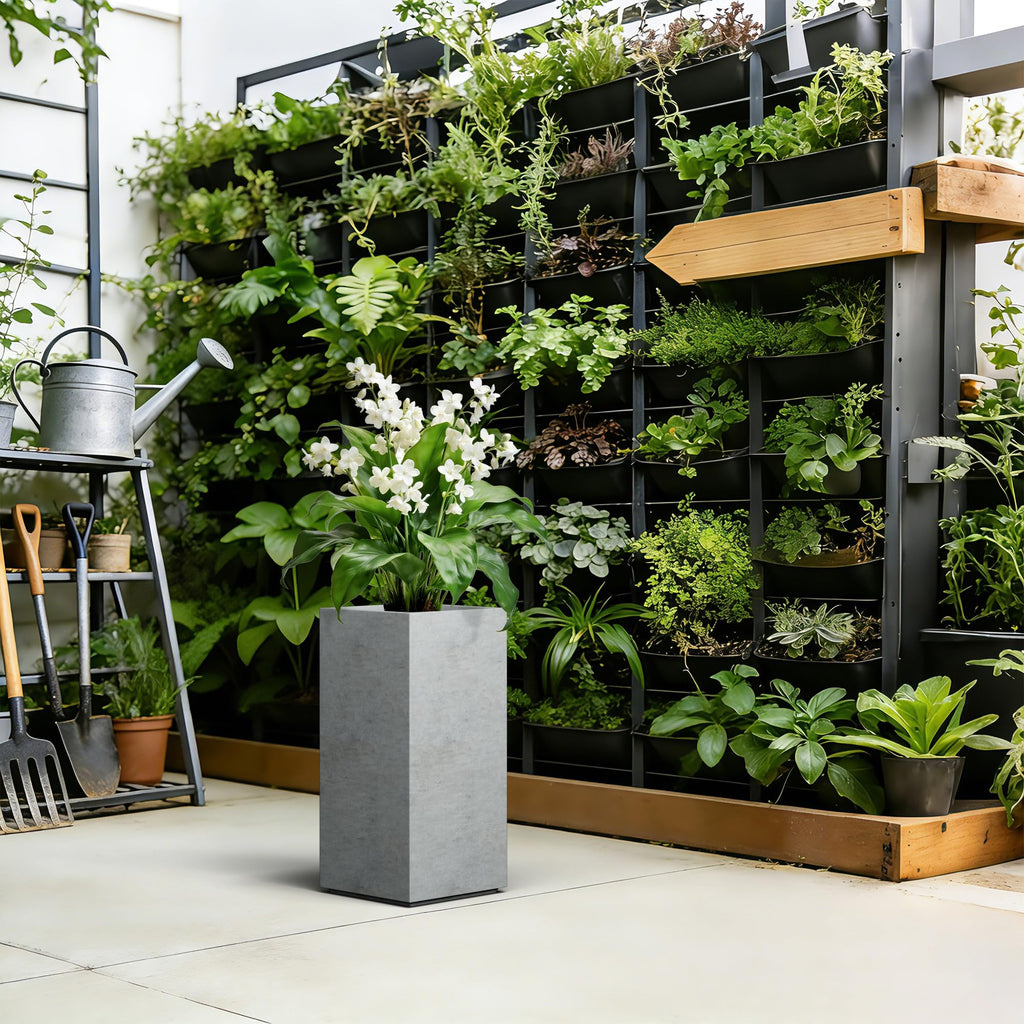 Accent Column Square Pale Gray Concrete Planter 23.6" H, Outdoor