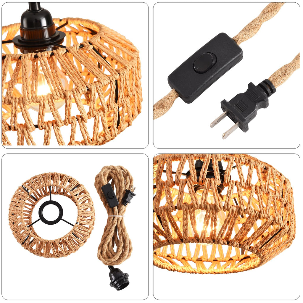 2 Pack Plug in Pendant Light Rattan Hanging Lamp with Switch, Mini Rattan Boho Semi Flush Mount Ceiling Light, Hand