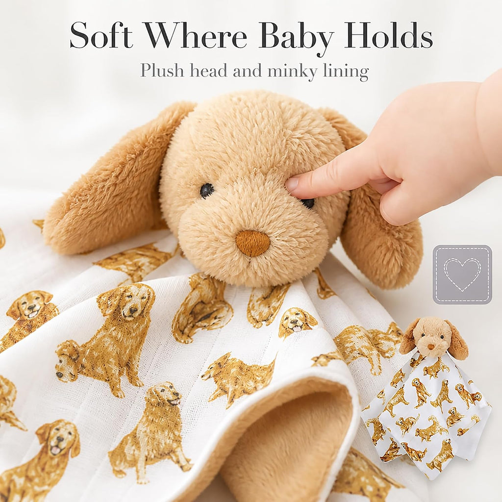 Golden Retriever Woobie Lovey Blanket, Plush Baby Security Blanket with Chime Rattle and Minky Lining