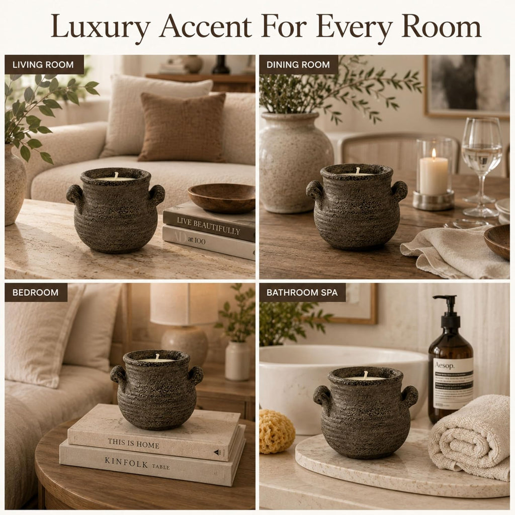 12 oz Light Floral Scented Candle in Rustic Gray Rough-Textured Ceramic Bowl Outdoor Cozy Home Decor