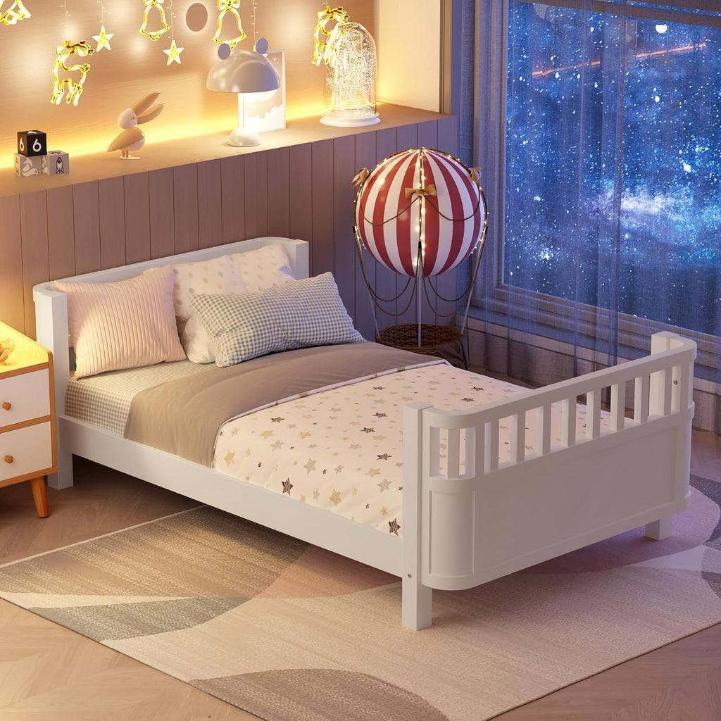 Platform Bed with Fence, Low Bed Frame with Detachable Side Bed Rails, Wooden Montessori Beds for Girls