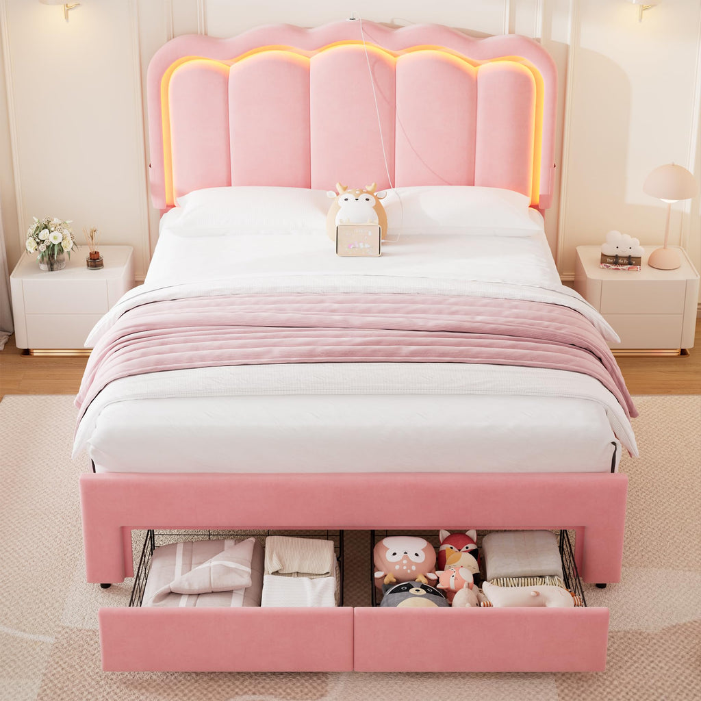 Queen Upholstered LED Bed Frame with 2 Storage Drawers and Adjustable Chic Double Wavy Headboard, Velvet Princess