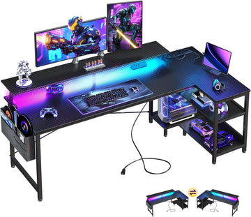 66 Inch L Shaped Gaming Desk with LED Lights, Power Outlets, Black | Adjustable Monitor Stand, Open Storage Shelves