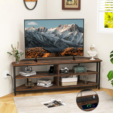 Corner TV Stand for TVs up to 65", TV Console Table w/AC Outlets, USB A Ports, USB C Port, Metal Frame & Storage