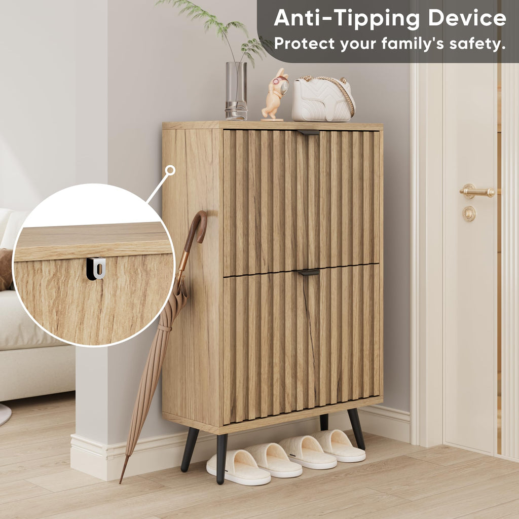 Shoe Cabinet with 2 Flip Drawers, 23.6" Natural Hidden Shoe Storage Cabinet with Fluted Design, Freestanding Shoe