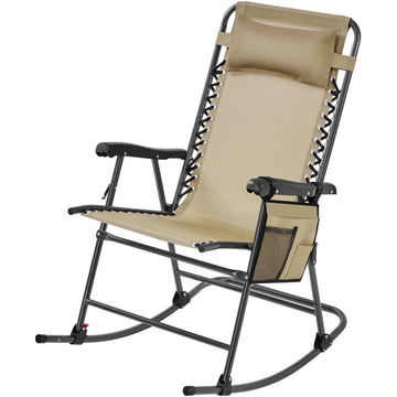 Patio Rocking Chair Folding Camping Chair with Pocket, Beige
