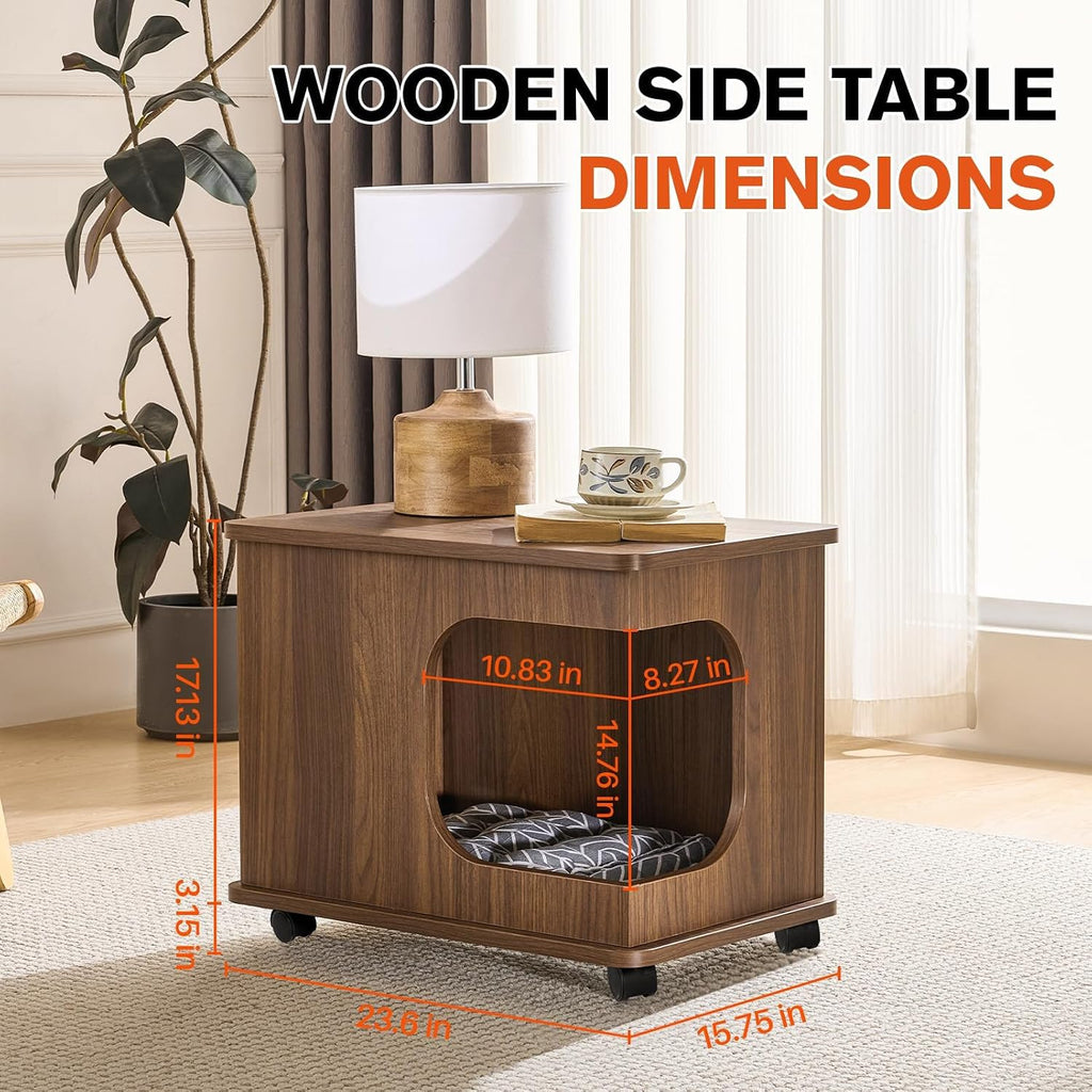 Wooden Cat Bed Side Table 2-in-1, Elevated Cat Hideaway Cave House with Cushion, Sturdy Pet End Table Furniture