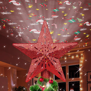 Tree Topper Lighted with 6 Projected Patterns -Christmas Star Tree Topper Built-Led Rotating Lights -3D Glitter