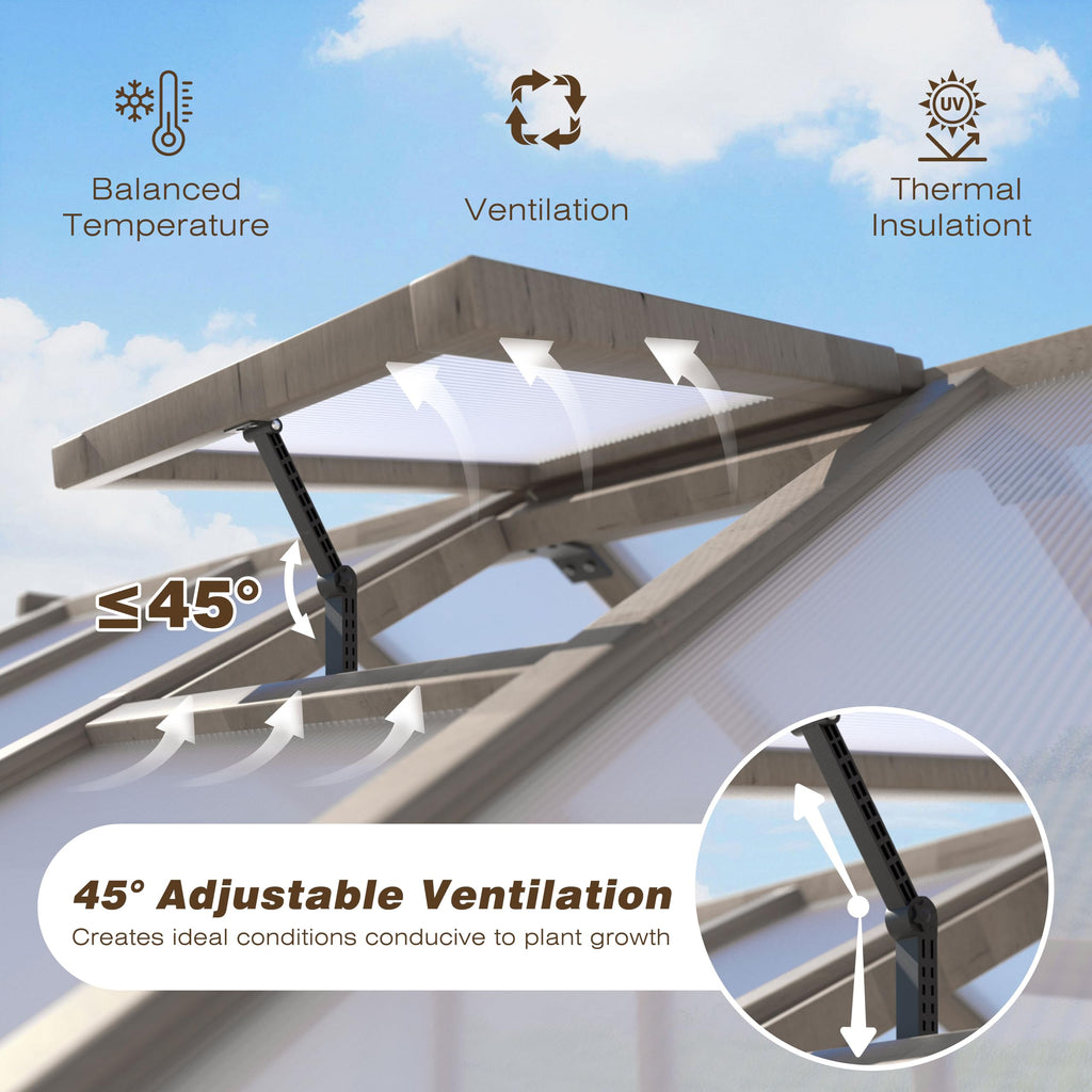8' x 12' Outdoors Walk-in Greenhouse, Wood Greenhouse with Ventilated Window and Lockable Door, 6mm Polycarbonate