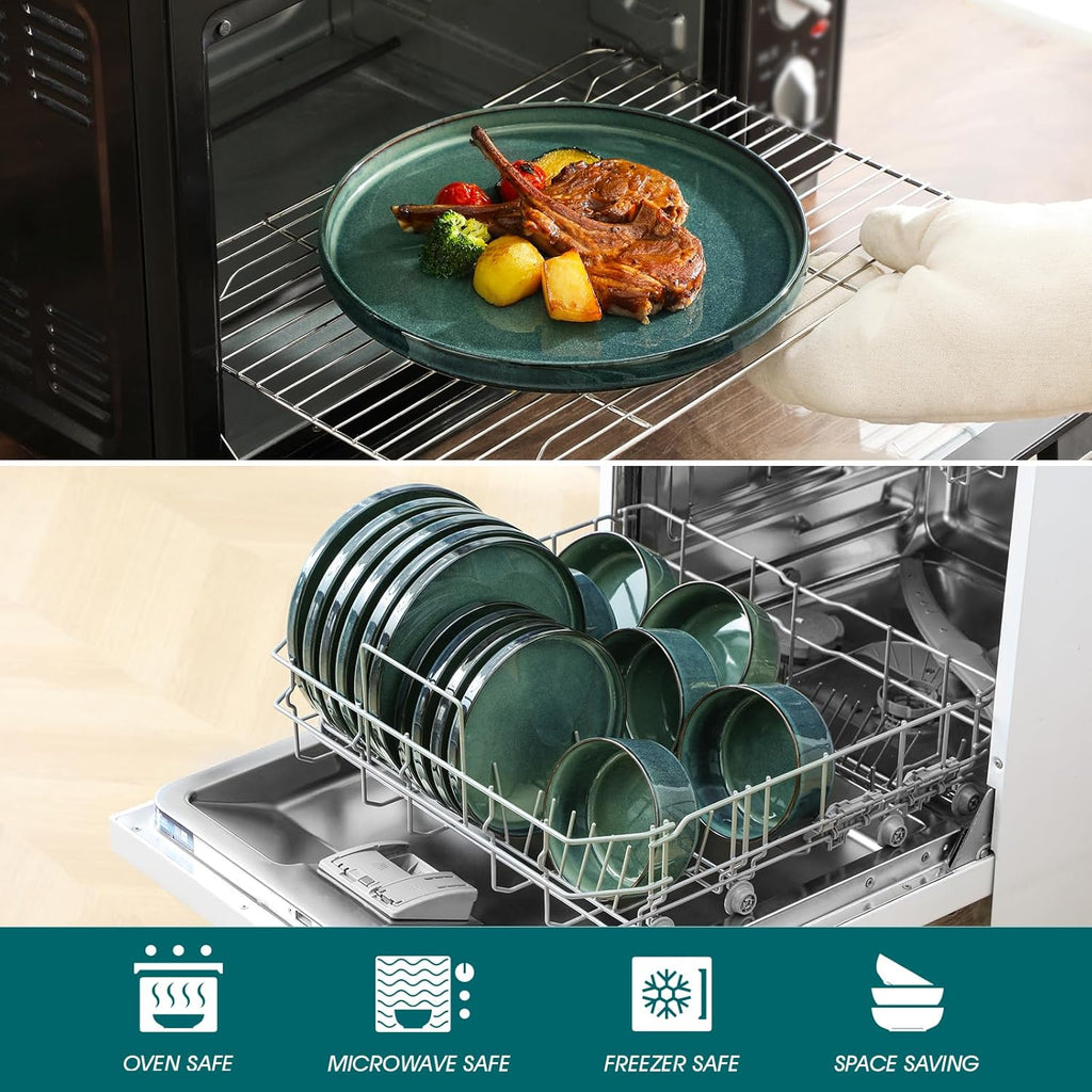 Plates and Bowls Sets for 6, 18 Pieces Green Dinnerware SetsModern Stoneware Dishes Set, Dishwasher and Microwave Safe