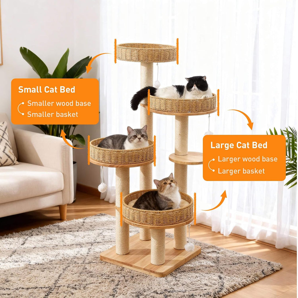 54in Solid Wood Cat Tree for Indoor Cats, Modern Tall Cat Tower