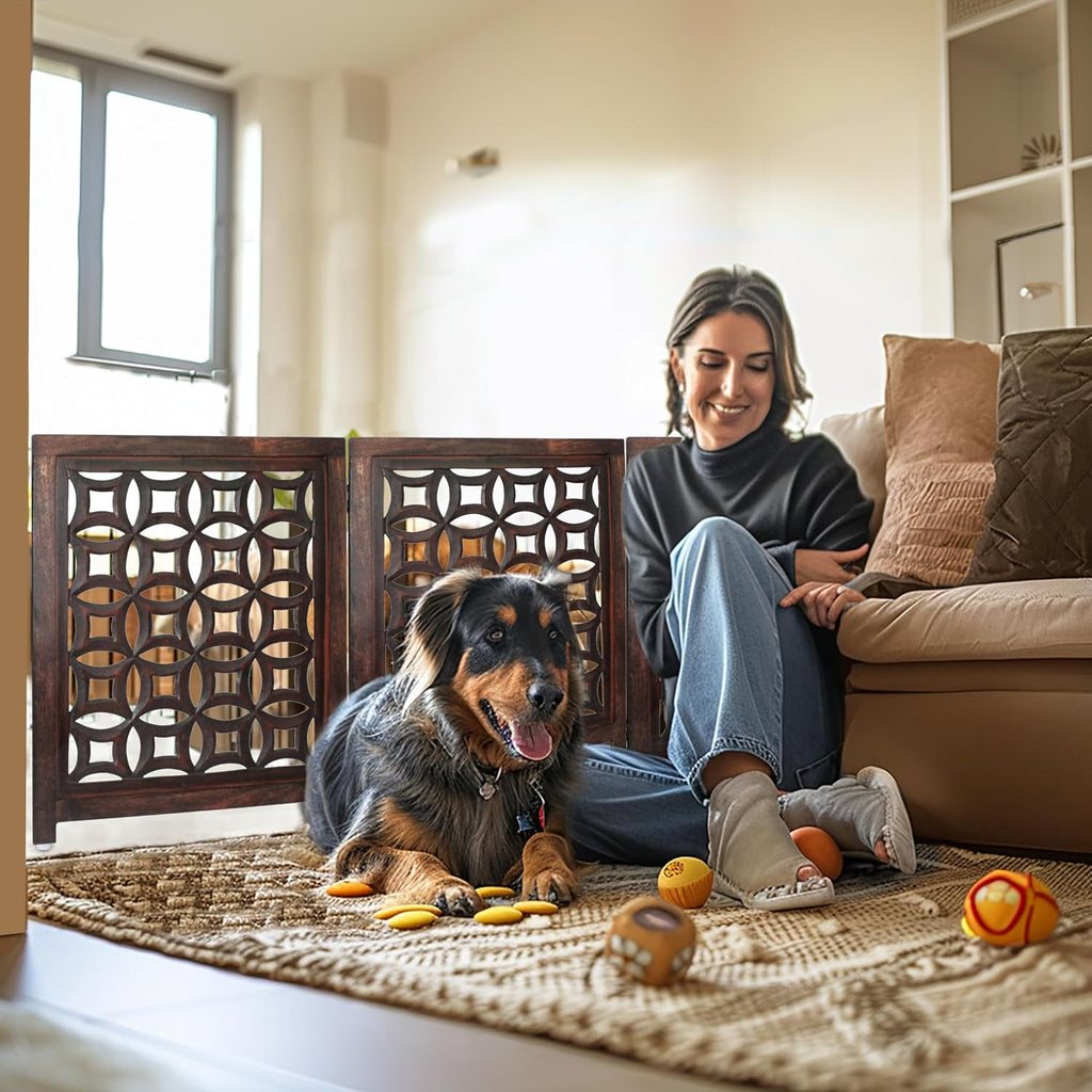 Wooden Foldable Pet Dog Gate - Hand Carved 3-Panel 60 W x 24 H
