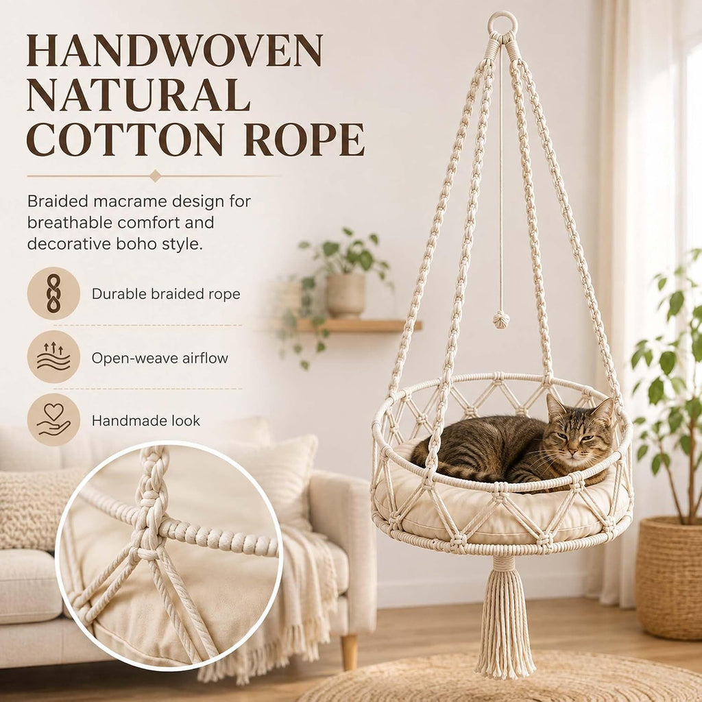 Boho Hanging Cat Bed, Macrame Cat Hammock with Removable Plush Cushion.