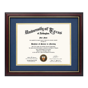 8.5x11 Diploma Frame with Navy over Gold Mat or Display 11x14 Certificate without Mat, Solid Wood & UV Protection