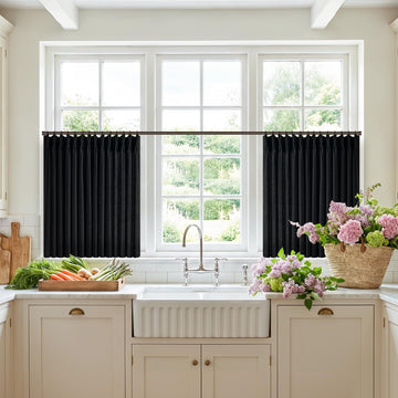 Short Black Light Filtering Pinch Pleated Cafe Curtains 24 Inches Long