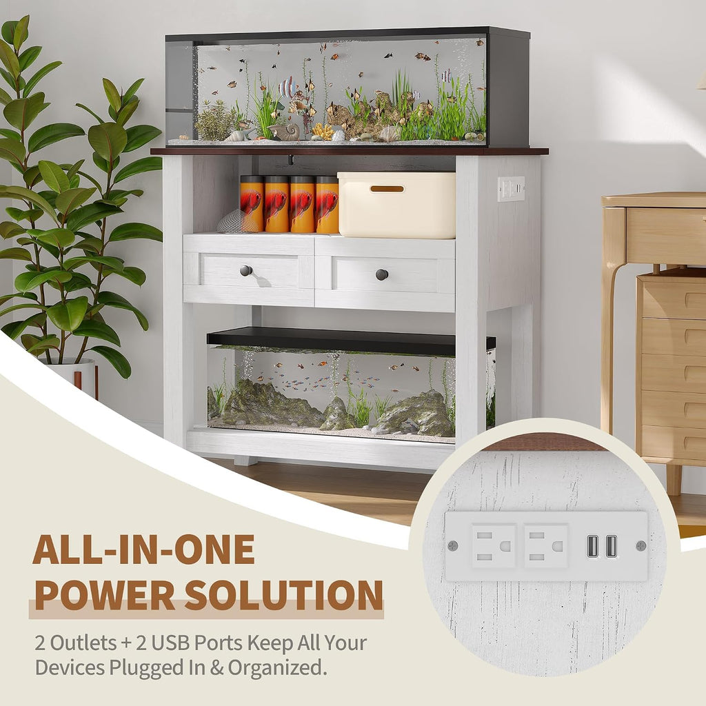 Heavy-Duty 20-29 Gallon Aquarium Stand with Charging Station, 660 lbs Capacity, Drawers & Open Storage - for Fish