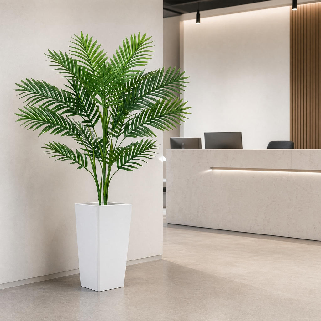 4.2FT Artificial Palm Tree, Tall Faux Tropical Areca Plants with White Tall Planter, Fake Potted Tree with Lifelike