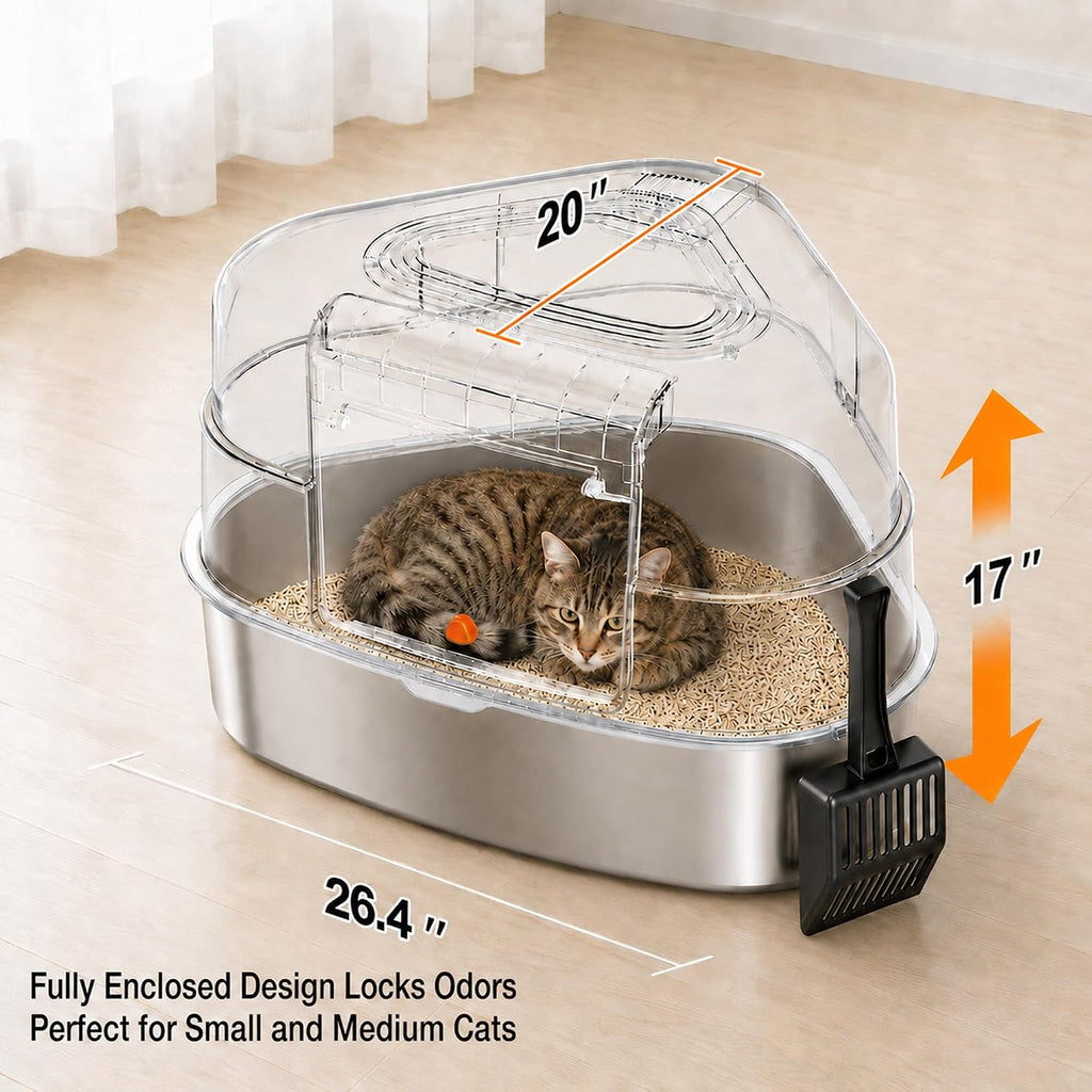 Hidden Corner Cat Litter Box with Faux Plant, Stainless Steel Interior, Covered Odor-Control Enclosure-Black