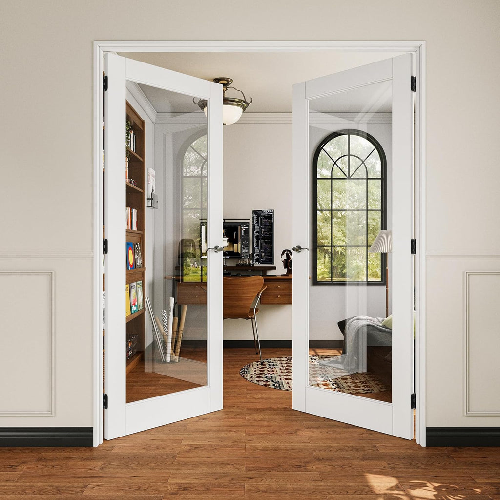 French Door 60" x 80" (Double 30" x 80") Clear Glass Door Slabs with Pre-Hung Jamb, Black Hinges, Levers and Latch