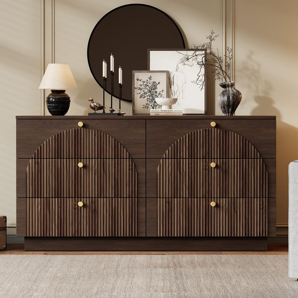 Arched Fluted Dresser with 6 Drawers 55" Wide Walnut
