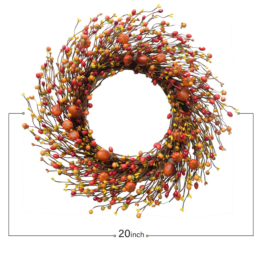 Fall Berry Wreath, 20" Autumn Orange Front Door Wreath Harvest Wreath with Pumpkins, Acorns Artificial Wreath for