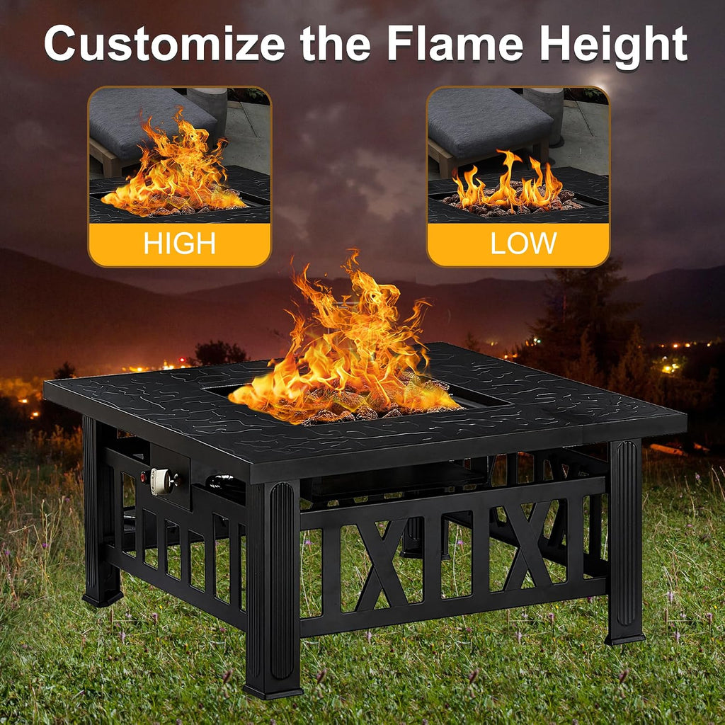 Propane Fire Pit, 30 Inch Outdoor Gas Fire Table, 50,000 BTU Square Firepit with Lid and Lava Rock