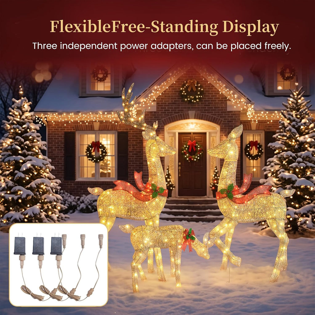 5.2FT Animatronic Christmas Reindeer Family Set - 3Pcs Large Lighted Christmas Deer with 300 LEDs & 3 Motors, Moving